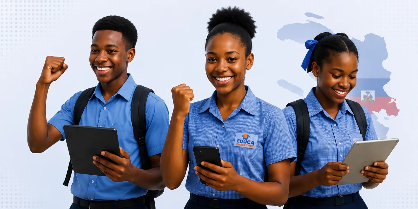 Trois élèves haïtiens en uniforme scolaire, souriants, utilisant une tablette et un téléphone devant une carte d'Haïti.