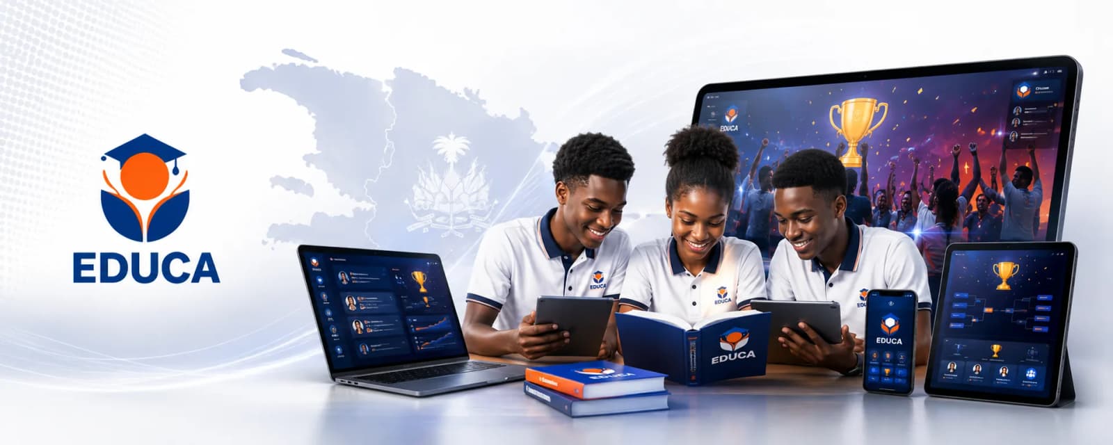 Trois élèves consultent une tablette et un livre, entourés d'écrans affichant des classements et un tournoi.